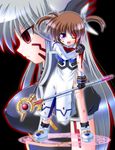  blood bow facial_mark fingerless_gloves gloves jacket long_hair lyrical_nanoha magazine_(weapon) magic_circle magical_girl mahou_shoujo_lyrical_nanoha mahou_shoujo_lyrical_nanoha_a's multiple_girls one_eye_closed open_clothes open_jacket purple_eyes raising_heart red_bow red_eyes red_hair reinforce silver_hair takamachi_nanoha torn_clothes twintails utanone_shion winged_hair_ornament 