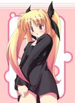  :o black_ribbon blonde_hair blush collarbone cowboy_shot fate_testarossa hair_ribbon long_hair long_sleeves looking_at_viewer lyrical_nanoha mahou_shoujo_lyrical_nanoha mizoguchi_keiji no_pants open_mouth pink_background red_eyes ribbon simple_background solo standing twintails 