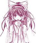  ascot bangs bow collared_shirt detached_sleeves digital_media_player frilled_bow frilled_hair_tubes frills hair_bow hair_tubes hakurei_reimu headphones ipod long_hair looking_at_viewer monochrome mouth_hold purple ribbon-trimmed_sleeves ribbon_trim shirt sketch sleeveless sleeveless_shirt solo touhou yuuki_eishi 