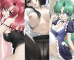  blue_eyes breasts brown_eyes brown_hair camisole choker cleavage crotch_seam green_hair large_breasts lingerie lowres mitarashi_kousei multiple_girls nipples open_clothes open_shirt original panties panties_under_pantyhose pantyhose ponytail red_hair shirt striped striped_panties underwear 