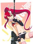  anti-materiel_rifle belt bikini_top copyright_name gloves gun hair_ornament imo_works long_hair midriff mismatched_gloves one_eye_closed pink_legwear ponytail red_hair rifle scarf shorts sidelocks sniper_rifle solo tengen_toppa_gurren_lagann thighhighs weapon yoko_littner 