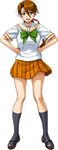  black_footwear black_legwear braid brown_eyes brown_hair copyright_request eyebrows_visible_through_hair full_body hands_on_hips legs long_hair looking_at_viewer mary_janes nigou open_mouth orange_skirt pleated_skirt school_uniform shoes simple_background skirt solo standing white_background 