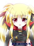  blonde_hair cape fate_testarossa gloves hand_on_own_chest long_hair lyrical_nanoha magical_girl mahou_shoujo_lyrical_nanoha red_eyes solo translation_request twintails utanone_shion 