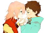  1girl blue_eyes brown_hair couple flcl green_eyes haruhara_haruko hetero hood hoodie nandaba_naota pink_hair pointing poo_(donkan_gokko) short_hair smile turtleneck 