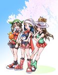  alternate_costume bandana beanie bike_shorts blue_(pokemon) blue_eyes blue_hair boots brown_hair cherry_blossoms gen_3_pokemon gen_4_pokemon green_eyes haruka_(pokemon) hat hikari_(pokemon) kobayashi_tetsuya long_hair loose_socks multiple_girls pink_footwear piplup pokemon pokemon_(creature) pokemon_(game) pokemon_dppt pokemon_emerald pokemon_frlg pokemon_rse poketch porkpie_hat pouch red_eyes shedinja skirt sleeveless smile socks torchic tree watch wristwatch 