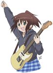  band_leader_(manabi_straight!) brown_hair extra gakuen_utopia_manabi_straight! green_eyes guitar hood hoodie instrument plaid plaid_skirt ponpon ponytail skirt solo 