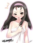  antenna_hair bare_shoulders breasts brown_eyes brown_hair cleavage collarbone copyright_name holding idolmaster idolmaster_xenoglossia kantoku long_hair looking_at_viewer medium_breasts minase_iori naked_towel simple_background solo towel upper_body white_background 