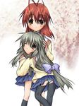  clannad furukawa_nagisa hug ibuki_fuuko itotin long_hair low-tied_long_hair lowres multiple_girls school_uniform thighhighs 