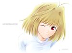  ;) antenna_hair arcueid_brunestud blonde_hair close-up closed_mouth face one_eye_closed portrait red_eyes shirotsumekusa short_hair simple_background smile solo sweater tsukihime upper_body white_background 