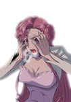  breasts choker cleavage code_geass dark_skin euphemia_li_britannia flower g-tetsu geass hair_bun holding_head large_breasts long_hair long_sleeves open_mouth purple_eyes red_hair rose sidelocks simple_background solo sweat upper_body very_long_hair white_background 