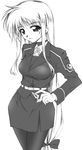  face fate_testarossa greyscale hands long_hair low-tied_long_hair lyrical_nanoha mahou_shoujo_lyrical_nanoha_strikers military military_uniform monochrome pantyhose solo tsab_executive_military_uniform uniform very_long_hair yamaguchi_homupe 