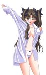  brown_hair fate/stay_night fate_(series) green_eyes long_hair one_eye_closed open_clothes open_shirt panties shirt simple_background solo toosaka_rin two_side_up underwear very_long_hair white_background yoshida_inuhito 
