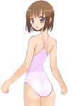  ass back blue_eyes brown_hair casual_one-piece_swimsuit from_behind kusaka_souji looking_back one-piece_swimsuit original short_hair simple_background sketch smile solo swimsuit 