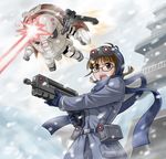  akizuki_ritsuko braid brown_hair glasses gloves goggles gun hida_tatsuo idolmaster idolmaster_(classic) idolmaster_1 lost_planet mecha parody rifle scarf snow snowing solo weapon 