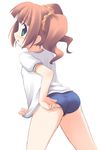  adjusting_buruma adjusting_clothes ass brown_hair buruma green_eyes gym_uniform idolmaster idolmaster_(classic) idolmaster_1 kagura_yuuki looking_back shirt_tug solo takatsuki_yayoi twintails 