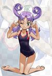  \m/ flat_chest green_eyes highres kazamatsuri_rinna kneeling one-piece_swimsuit one_eye_closed purple_hair solo swimsuit teufelwald thigh_gap uchuu_no_stellvia zoom_layer 