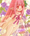  blush bottle eyebrows_visible_through_hair fairy flower glasses hair_ornament holding holding_bottle long_hair lowleg lowleg_panties original panties pink_hair pointy_ears red_eyes rimless_eyewear round_eyewear see-through shigatake solo underwear very_long_hair white_panties 