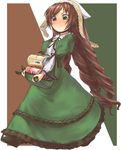  blush brown_hair carrying dress frills green_dress green_eyes hat heterochromia lolita_fashion long_hair long_sleeves negy red_eyes rozen_maiden shoes suiseiseki very_long_hair 