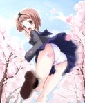  ass brown_eyes brown_hair cherry_blossoms copyright_request katase_nano motion_blur panties school_uniform short_hair solo underwear wind wind_lift 