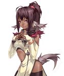 animal_ears black_legwear bridal_gauntlets cowboy_shot dark_skin dog_ears dog_tail high_ponytail kousaki_rui long_hair looking_at_viewer navel_cutout open_mouth original own_hands_together pelvic_curtain shoulder_cutout simple_background solo steepled_fingers tail thighhighs white_background 