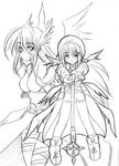  greyscale hair_ornament hat leg_belt lyrical_nanoha magical_girl mahou_shoujo_lyrical_nanoha mahou_shoujo_lyrical_nanoha_a's monochrome multiple_girls reinforce schwertkreuz waist_cape winged_hair_ornament wings x_hair_ornament yagami_hayate zero_point 