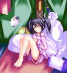  ar_tonelico ar_tonelico_i barefoot black_hair blush green_eyes misha_arsellec_lune moru_pomu_po one_eye_closed pajamas pillow sheep solo twintails younger 