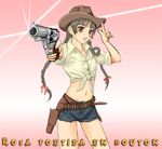  cowboy_hat cowboy_shot gun gunbelt handgun hat holding holding_gun holding_weapon holster maria-sama_ga_miteru midriff nyurupon revolver shimazu_yoshino sleeves_rolled_up solo weapon western 