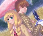  1girl back-to-back blonde_hair blue_eyes braid brown_hair long_hair oekaki one orihara_kouhei rain satomura_akane school_uniform shared_umbrella twin_braids umbrella zen 