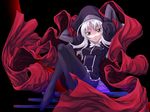  :o arms_up bangs black_background black_dress black_footwear black_hat black_legwear caren_hortensia dress fate/hollow_ataraxia fate/stay_night fate_(series) frills full_body hat layered_sleeves long_hair long_sleeves looking_at_viewer nanaran puffy_short_sleeves puffy_sleeves shawl shoes short_over_long_sleeves short_sleeves shroud_of_magdalene simple_background sitting sitting_on_stairs solo stairs thighhighs upskirt white_hair yellow_eyes 