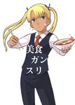  benishouga blonde_hair blue_eyes bowl chopsticks eating egg food food_in_mouth food_on_face formal gunslinger_girl kamaboko long_hair meat narutomaki noodles pant_suit ramen solo suit triela twintails waistcoat yu_65026 