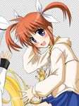  blonde_hair bobu_jr fate_testarossa ferret hand_behind_head lyrical_nanoha mahou_shoujo_lyrical_nanoha o_o purple_eyes red_hair school_uniform seishou_elementary_school_uniform solo surprised takamachi_nanoha twintails yuuno_scrya 