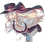  blonde_hair closed_eyes cloth_road fedora from_above hair_ribbon hat jennifer_(cloth_road) kusanagi_kikoku long_hair necktie outstretched_arms ribbon simple_background skirt smile solo standing 