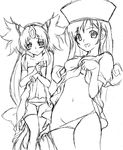  alena_(dq4) crossover dragon_quest dragon_quest_iv greyscale hat long_hair low-tied_long_hair lowleg lowleg_panties midriff monochrome multiple_girls oohiro_saki panties panty_pull riesz seiken_densetsu seiken_densetsu_3 sketch skirt skirt_lift thighhighs underwear 