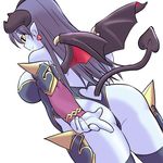  artist_request ass astaroth_(shinrabanshou) black_sclera blue_hair blue_skin breasts demon_girl detached_sleeves dutch_angle earrings heart heart_earrings horns jewelry large_breasts looking_back red_wings shinrabanshou smile solo tail thighhighs wings yellow_eyes 