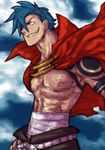  abs aizawa_yoshihiko bandages blue_hair cape chest grin kamina male_focus manly muscle sarashi shirtless smile solo tattoo tengen_toppa_gurren_lagann 