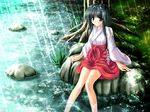  black_hair blue_eyes hakama japanese_clothes light_rays long_hair miko nature noritama_(gozen) original red_hakama river sitting sitting_on_rock soaking_feet solo sparkle sunbeam sunlight tree wide_sleeves 