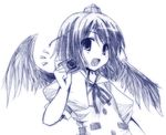  bangs black_hair black_wings blue camera hat looking_at_viewer monochrome open_mouth ribbon shameimaru_aya solo tokin_hat touhou wings yuuki_eishi 