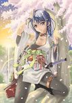 blue_hair cherry_blossoms copyright_request japanese_clothes pantyhose solo sword weapon yuu_(yuyukaikan) 