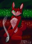  2018 anthro blush breasts christmas digital_media_(artwork) featureless_breasts female fur green_eyes green_hair gun hair handgun heterochromia hi_res holding_object holding_weapon holidays mammal nude open_mouth ranged_weapon red_eyes red_fur simple_background sitting solo sonic_(series) weapon white_fur wizardlywalrusking 