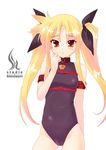  blonde_hair fate_testarossa himukai_kyousuke leotard long_hair lyrical_nanoha mahou_shoujo_lyrical_nanoha red_eyes ribbon solo twintails 