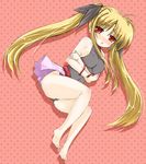  akino_ochiba bare_legs bare_shoulders barefoot blonde_hair covered_navel crossed_arms fate_testarossa full_body leotard long_hair looking_at_viewer lyrical_nanoha mahou_shoujo_lyrical_nanoha_strikers pink_skirt polka_dot polka_dot_background red_eyes showgirl_skirt skin_tight skirt solo twintails upskirt 