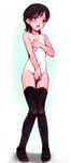  black_hair black_legwear blush breast_hold breasts covering covering_crotch flat_chest knees_together_feet_apart legs looking_at_viewer nude one-piece_tan open_mouth original pigeon-toed short_hair simple_background solo takayoshi tan tanline thighhighs white_background 