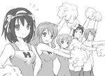  3girls asahina_mikuru cheerleader greyscale hayato koizumi_itsuki kyon lowres lucky_star monochrome motteke!_serafuku multiple_boys multiple_girls nagato_yuki parody suzumiya_haruhi suzumiya_haruhi_no_yuuutsu 