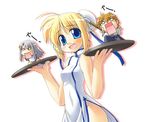  artoria_pendragon_(all) bakutendou blonde_hair blue_eyes china_dress chinese_clothes dress fate/stay_night fate_(series) fujimura_taiga illyasviel_von_einzbern multiple_girls no_panties saber waitress 