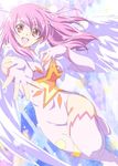  :d angel_wings asymmetrical_clothes boots breasts fingerless_gloves flying fur gloves head_wings kaleido_star kusui_aruta large_breasts leg_up leotard long_hair naegino_sora open_mouth outstretched_arm outstretched_hand pink_eyes pink_hair single_pantsleg single_thighhigh skin_tight smile solo sparkle thigh_boots thighhighs thighs wings 