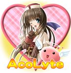  ;d acolyte angel_wings blue_eyes brown_gloves brown_hair creature elbow_gloves flying full_body gloves halo heart index_finger_raised long_hair looking_at_viewer noritama_(gozen) one_eye_closed open_mouth poring puffy_short_sleeves puffy_sleeves ragnarok_online short_sleeves smile solo wings 