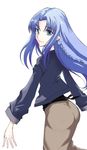  ass blue_eyes blue_hair braid caster casual fate/stay_night fate_(series) haruno_tomoya long_skirt pointy_ears skirt solo tan_skirt 