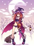  asymmetrical_clothes boots braid broom brown_eyes brown_hair cape copyright_request hair_over_shoulder halloween happy_halloween hat hirano_katsuyuki lantern long_hair panties print_legwear purple_background single_thighhigh solo thighhighs twin_braids twintails underwear witch_hat 