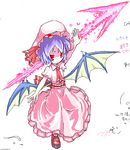  ascot bat_wings dress hat hat_ribbon kuroneko_jiji purple_hair red_eyes remilia_scarlet ribbon short_hair solo spear_the_gungnir touhou wings 