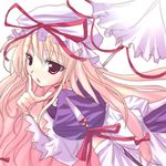  :o blonde_hair bow hair_bow hat hat_ribbon index_finger_raised long_hair lowres mob_cap parasol puffy_sleeves red_bow red_eyes red_ribbon ribbon rikudou_inuhiko simple_background solo touhou umbrella upper_body very_long_hair white_background yakumo_yukari 